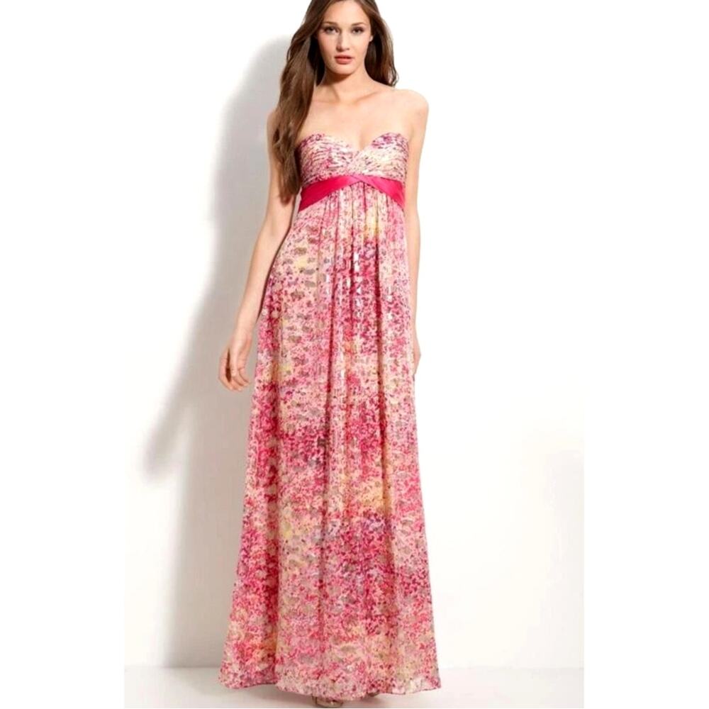 BCBGMaxAzria Kai Strapless Maxi Dress Size 10 Pink Metallic Floral Formal Prom